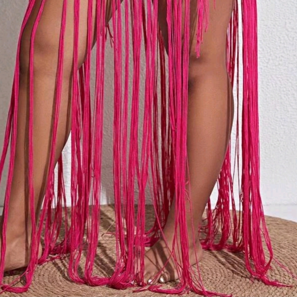 Pink Crochet Fringe Swimsuit Cover up Skirt - Picture 7 of 13